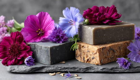 Artisanal Bathing Experience Featuring Handcrafted Soap Bars and Organic Wildflowers on Slate Boardの素材