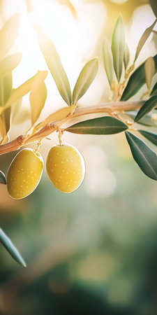 Close Up Shot of Olive Fruit on a Branch in an Olive Garden with Soft Sunlight Highlighting Beautyの素材