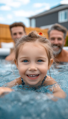 Joyful summer fun Little girl splashes in the pool with her dad and grandpa, making memories.の素材