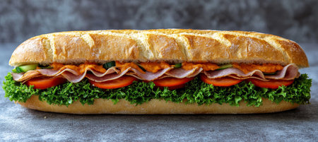 Delicious Baguette Sandwich Loaded with Fresh Ingredients, Including Juicy Tomatoes and Crisp Greensの素材