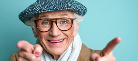 Cheerful senior man with joyful smile in stylish glasses pointing on blue studio background.の素材