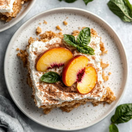 Delicious Fresh Peach Cobbler Slice with Cinnamon Crumble, Sweet Cream Drizzle and Basil Garnishの素材