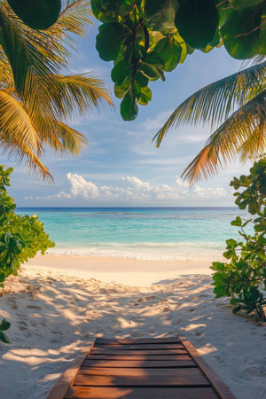 Idyllic Tropical Beach Getaway Featuring a Wooden Path Leading to Turquoise Waters and White Sandの素材