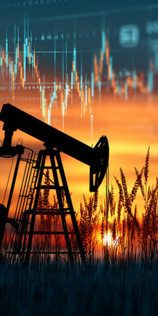 Oil Pump Against Sunset Analyzing Energy Financial Trends and Stock Market Forecasts in 2023の素材