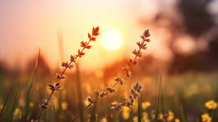 Golden sunset illuminates wild meadow herbs and flowers, capturing summer s vibrant beauty.の素材