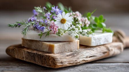 Handmade artisan soap bars arranged with herbal elements and flowers for natural wellnessの素材