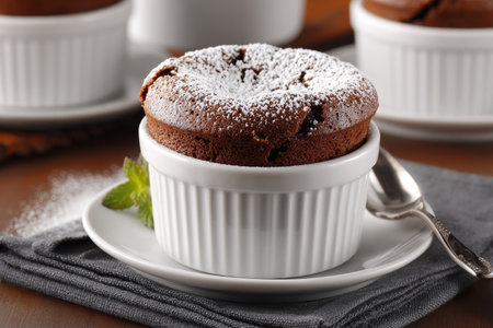 Indulge in a Decadent Chocolate Souffle, a Classic French Dessert, Served Warm and Airy Delightの素材