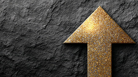Upward Trajectory Symbolizing Growth and Achievements with Golden Arrow on Rock Surfaceの素材