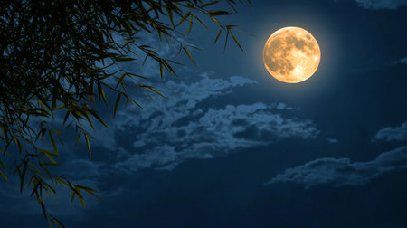 A Tranquil Night Scene with a Full Moon Shining on Wispy Clouds and Framing Bamboo Silhouettesの素材