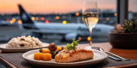 Indulging in Gourmet Salmon Meal at Luxurious Airport Restaurant with Stunning Views and Eleganceの素材