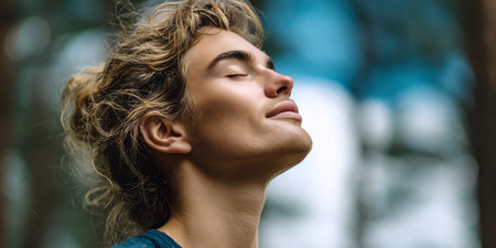 Close-Up Portrait of a Serene Person with Wavy Brown Hair Enjoying Nature in a Forest Settingの素材