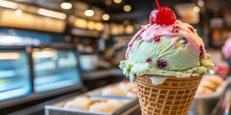 Colorful and Aesthetic Succulent Cone Filled with Pastel Green Raspberry Italian Gelato Delightsの素材