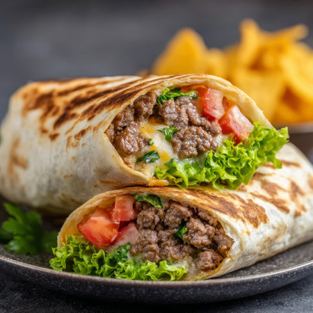 Delicious beef wrap with fresh lettuce, tomatoes, cheese, and crispy chips on the side.の素材