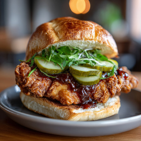 Delicious Spicy Fried Chicken Sandwich with Crunchy Pickles and Fresh Greens on a Brioche Bunの素材