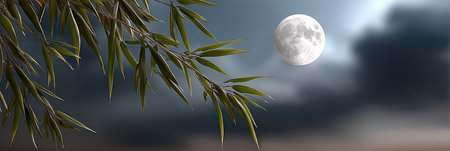 Peaceful Night Scene of Mystical Bamboo Silhouette Under a Full Moon in a Cloudy Sky Landscapeの素材