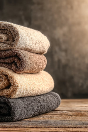 Elegant stack of plush, neutral-colored towels neatly arranged on a vintage surface for cozy decorの素材