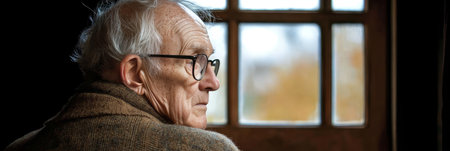 Elderly Man Deep in Thought by a Window, Reflecting on Life and Memories with a Pensive Gazeの素材