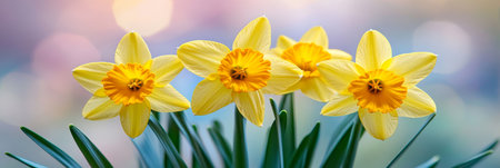 Radiant Daffodils in Bloom A Symphony of Yellow Flowers Under Golden Spring Light, Nature s Beautyの素材
