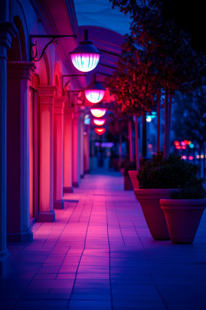 Vibrant Cityscape at Dusk with Neon Signs and Lively Potted Plants Enhancing Street Aestheticの素材