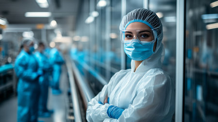 Food Processing Plant Worker in Hygiene Suite Posing by Conveyor Belt for Safe Food Productionの素材