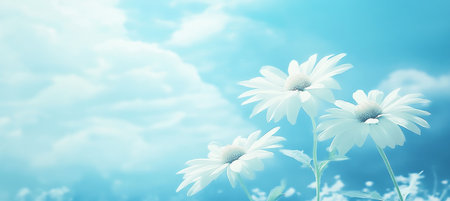 Light Pastel Watercolour Field with Romantic Daisy Flowers Under a Blue Sky and Soft Cloudsの素材