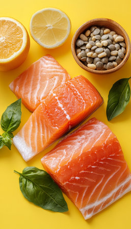 Beautifully arranged plate of salmon with fresh vegetables and herbs for a healthy gourmet mealの素材