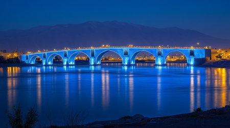 Illuminated bridge at dusk in Isfahan, Iran, showcasing modern design and vibrant urban life.の素材