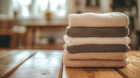 Cozy, Freshly Laundered Towels in Neutral Hues Stacked on a Wooden Table for Relaxing Spa Atmosphereの素材