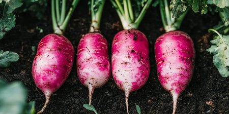 Vibrant Radishes Growing in Garden Bed Fresh Pink and White Root Vegetables with Green Leavesの素材