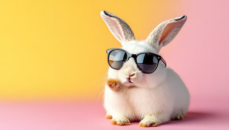 Charming close-up of a fashionable rabbit in sunglasses on a vibrant, colorful background.の素材