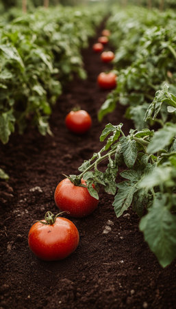 Fresh and Ripe Heirloom Tomatoes Nestled on Rich, Fertile Soil in a Vibrant Garden Bedの素材