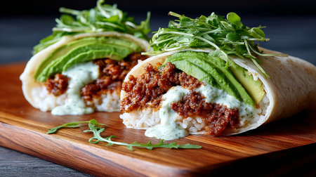 Delicious Burrito with Colorful Vegetables, Ground Beef, and Creamy Herb Sauce for Tasty Mealsの素材