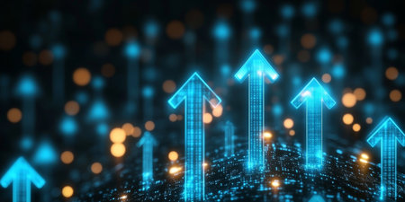 Upward arrows in a vibrant digital landscape, symbolizing growth and innovation in technology.の素材