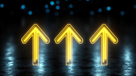 Bright and Energetic Upward Arrows Floating Above a Shiny Surface, Symbolizing Growth and Successの素材