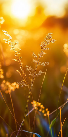 Golden Sunset Over a Serene Meadow Vibrant Yellow Fields, Grasses, and Warm Glowing Lightの素材