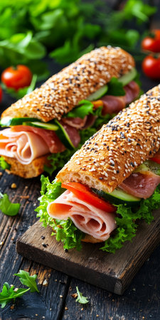 Delicious submarine sandwich loaded with fresh meats, colorful veggies, and a toasted crispy rollの素材