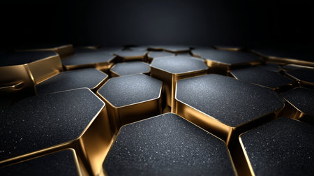 Elegant 3D Background with Black Hexagons and Shimmering Gold Edges for a Modern and Stylish Lookの素材