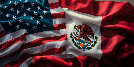 Interwoven United States and Mexico Flags Symbolizing Cultural Exchange, Alliance, and Cooperationの素材