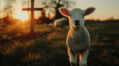 Little New Lamb Stands Idyllically Before A Wooden Cross Symbolizing Christian Beliefs At Sunsetの素材