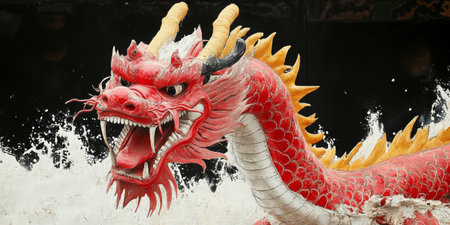 Magnificent Traditional Asian Mythical Dragon with Opened Peak and Fangs in Vibrant Ceremony Artの素材