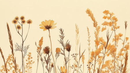 Delicate Watercolor Meadow with Soft Peach Background, Detailed Wildflowers, and Gentle Grass Sceneの素材