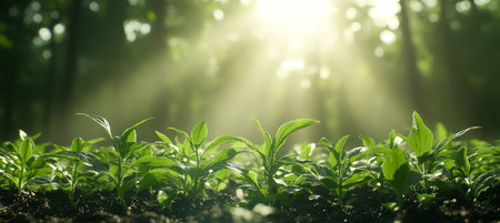 Vibrant Fresh Green Hosta Leaves Glowing Under Sun Rays in a Lush Summer Garden Environmentの素材