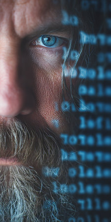 Contemporary Artistic Portrait with Double Exposure of Thoughtful Man s Gaze and Hacker s Mindsetの素材