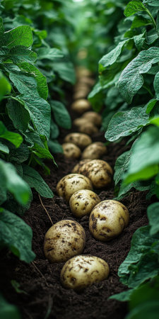 Bountiful Fresh Harvest of Organic Potatoes on Fertile Arable Land Ready for Local Cuisine Useの素材