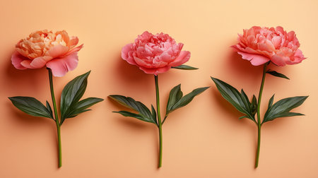 Beautiful Arrangement of Three Vibrant Peonies on a Neutral Surface, Perfect for Text and Design Useの素材