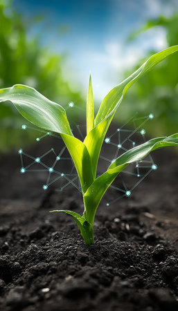 Beautiful emerging maize plant in lush arable land showcasing innovative agricultural technologies.の素材