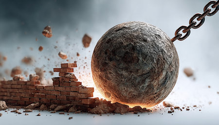 Massive Stone Wrecking Ball Crashes into Sturdy Brick Walls, Showcasing Unmatched Destructive Powerの素材
