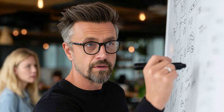 Bearded Professional Explaining Complex Concepts While Collaborating with Team at Office Whiteboardの素材