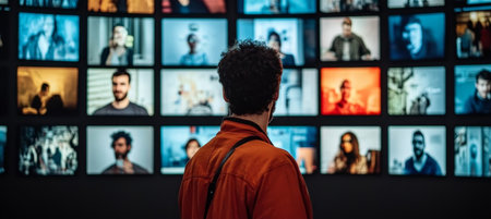 A Modern Digital Gallery with Diverse Portraits of People from Around the World on Displayの素材