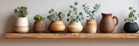 Vibrant and Unique Houseplant Arrangement with Decorative Pots on a Wood Shelf for Interior Decorの素材